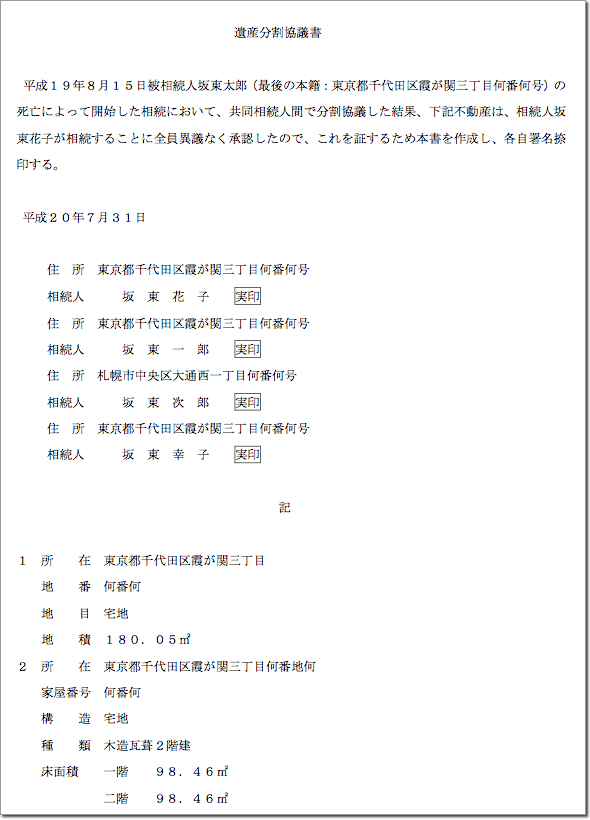 遺産 分割 協議 書 ひな 形 国税庁